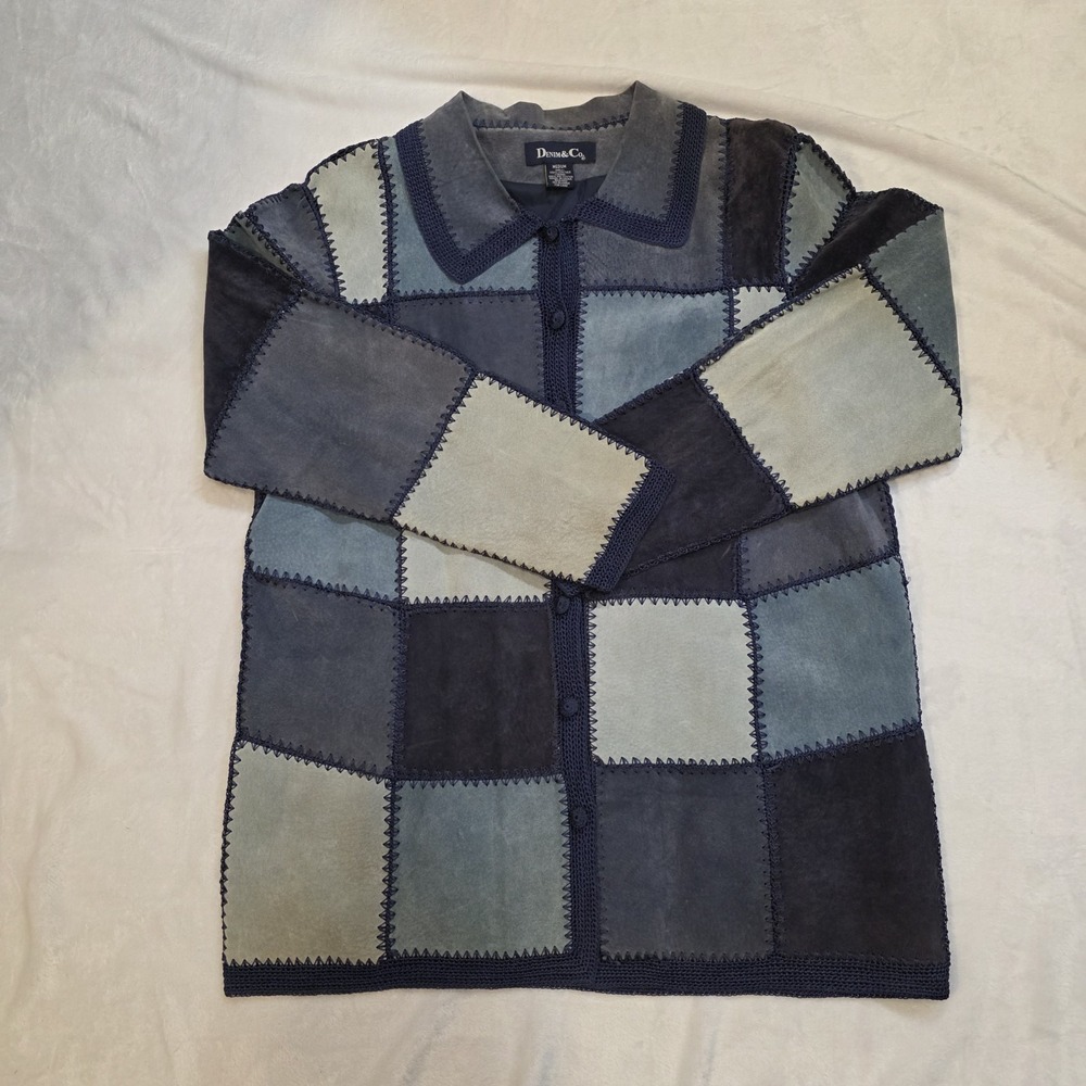 VTG  Denim & Co Womens Medium Suede Patchwork Jacket Crochet Buttons